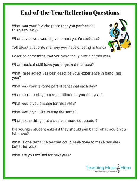 15 Reflection Questions for Your End-of-Year Band Student Survey Year End Reflection, Orchestra Teacher, Year Reflection, Clean Classroom, Mental Health Assessment, Piano Classes, Student Survey, Teacher End Of Year, Student Reflection