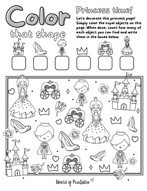 Have a princess themed party planned? Use this I Spy Princess Coloring Page as a fun acitvity or party favor! The free printable I Spy Princess game features all of a princesses favorite things including shoes, castles, crowns and carriages! Princess Kindergarten Activities, Princess Math Activities, Princess Worksheets Free Printables, Princess Template Free Printable, Princess Crafts For Preschoolers, Princess Worksheets Preschool, Barbie Activities Free Printable, Preschool Princess Activities, Princess Crafts Preschool