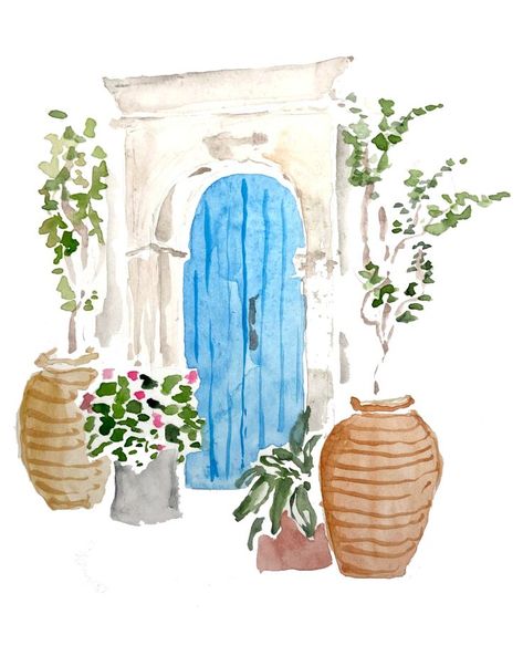 A fun watercolor illustration of a front door in Greece complete with plants and florals @cntraveller #greece #travel Abstract Greece Painting, Greek Watercolor Paintings, Watercolor Doors Paintings Easy, Greece Watercolor Painting Easy, Greece Art Paintings, Greece Painting Easy, Greek Watercolor, Greece Watercolor Painting, Greece Illustration