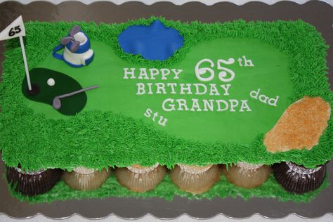 golf course cupcake cake - love the layout of the course Golf Theme Sheet Cake, Cupcake Cakes Pull Apart, Golf Course Cake, Cupcakes Kids, Birthday Canvas, Happy 65 Birthday, Pull Apart Cupcake Cake, Pull Apart Cake, Cake Pulls