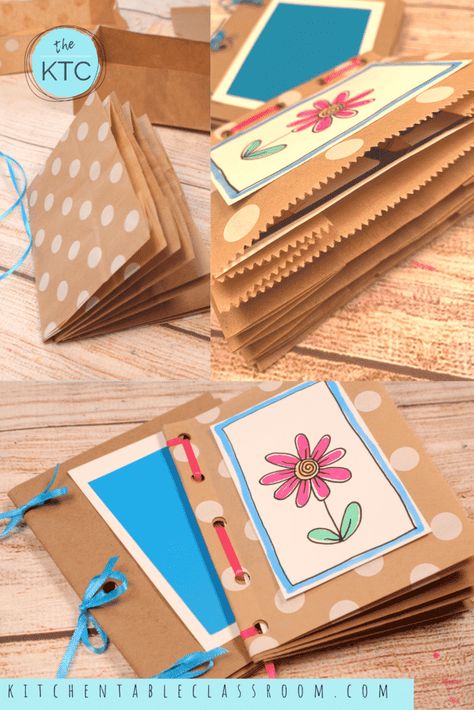 Make Your Own Paper Bag Book - The Kitchen Table Classroom Book Making Preschool, Paper Bag Notebook, Paper Bag Books For Kids, Paper Bag Journals How To Make, Paper Bag Books How To Make, Paper Bag Journal, Paper Lunch Bag Crafts, How To Make A Paper Book, Crafts With Paper Bags