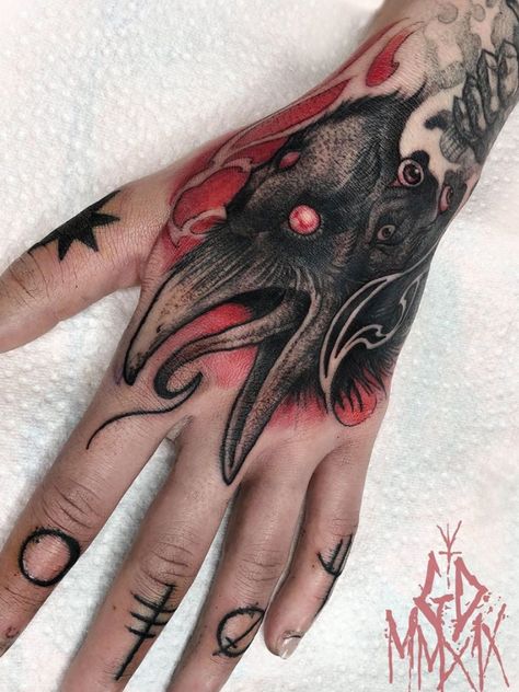 Crow Hand Tattoo, Bird Demon, Magic Tattoos, Occult Tattoo, Work Tattoo, Hand Tats, Crow Tattoo, Halloween Tattoo, Badass Tattoos