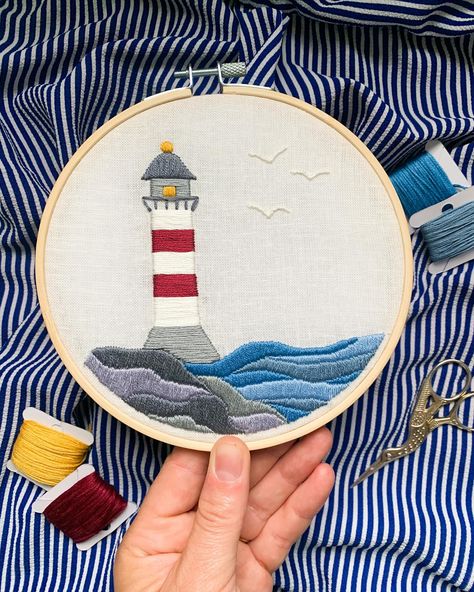 Who’s spending their summer days by the sea? 🌊 If you’re looking for ocean or beach-inspired embroidery designs, I’ve got you covered. 🐠 Each of these patterns comes with a full stitch and DMC color guide. 🧵 Link in bio! ⬆️ Lighthouse Embroidery, Scene Embroidery, Textile Art Embroidery, Color Guide, Nautical Design, Ocean Scenes, Beach Inspired, Embroidery Pattern, By The Sea