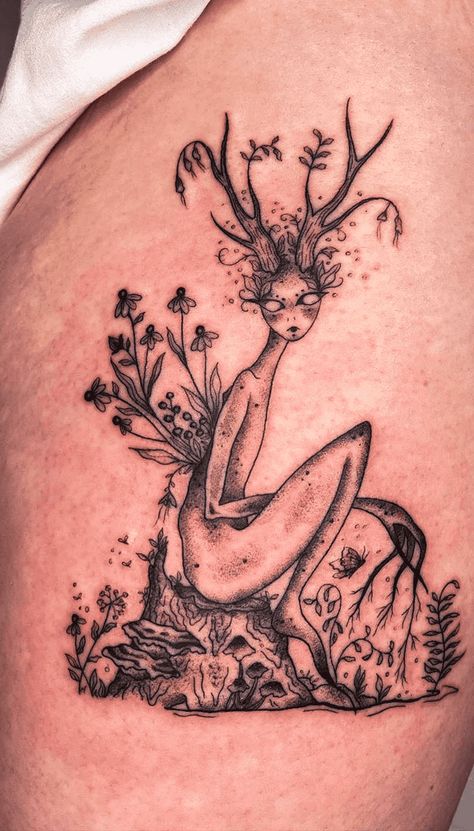 Fairycore Back Tattoo, Witch Mushroom Tattoo, Fantasy Creatures Tattoo, Whimsical Witch Tattoo, Fae Fairy Tattoos, Celestial Fairy Tattoo, Faerie Tattoo Sleeve, Fairy In Garden Tattoo, Etheral Tattoo Design