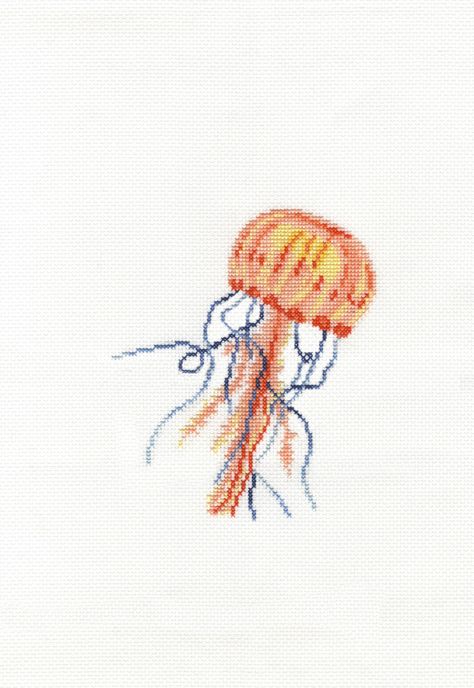 "DMC Ocean Blue collection- Gentle Jellyfish cross stitch kit. BK1872. This counted cross stitch design from DMC, features a swimming jellyfish. Skill level - Intermediate . Design Size approx 18 cm / 7\" diameter. Includes wooden hoop. Kit contains -DMC 6 stranded cotton Threads, 14 Count White Aida with chart , instructions  and needle . Please check out my other DMC kits @ https://www.etsy.com/shop/DebsCrossStitch/items?ref=seller-platform-mcnav&section_id=22287738" Jellyfish Cross Stitch, Blue Cross Stitch, Bothy Threads, Wooden Embroidery Hoops, Small Cross Stitch, Cross Stitch Needles, Wooden Hoop, Blue Cross, Dmc Thread