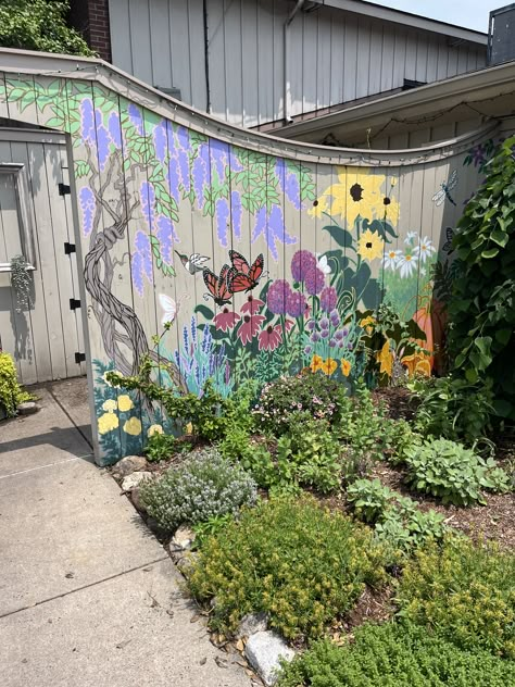 Nature Fence, Fence Murals, Building Mural, Nature Mural, Outside Paint, Garden Mural, Mural Ideas, Fence Paint, Carnival Games