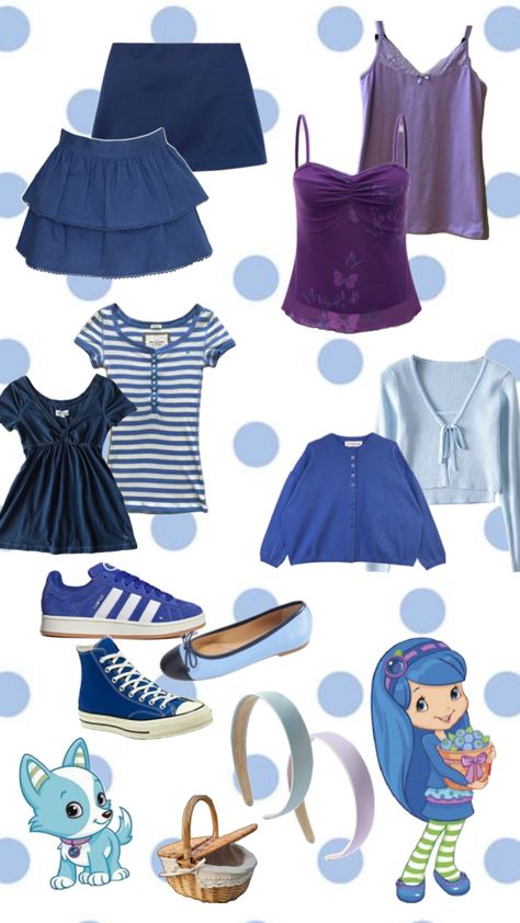 Strawberry shortcake blueberry muffin costume inspo Strawberry Shortcake Halloween Costume Blueberry Muffin, Blueberry Strawberry Shortcake Costume, Blueberry Muffin From Strawberry Shortcake, Blueberry Muffins Strawberry Shortcake, Blueberry Muffin Character Costume, Blueberry Muffin Costume Ideas, Blueberry Muffin Strawberry Shortcake Outfit Ideas, Blueberry Muffin Cosplay, Blueberry Muffin Outfit