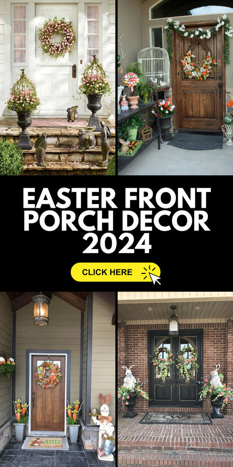 Elevate your home's curb appeal with delightful Easter front porch decor in 2024. Explore an array of easy DIY ideas to create a charming farmhouse-inspired and rustic ambiance that warmly welcomes the season with style and vintage charm. Easter Front Porch Decorations, Easter Front Porch Decor, Easter Front Porch, Easter Porch Decor, Front Porch Decor Ideas, Modern Easter, Curated Decor, Charming Farmhouse, Decor 2024