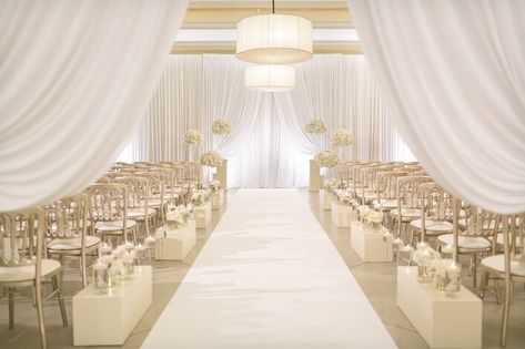 Chiavari Chairs Wedding, Wedding Ceremony Aisle, Fairytale Wedding Theme, Wedding Processional, White Wedding Ceremony, Draping Wedding, Wedding Alters, Ceremony Aisle, Wedding Venues Indoor