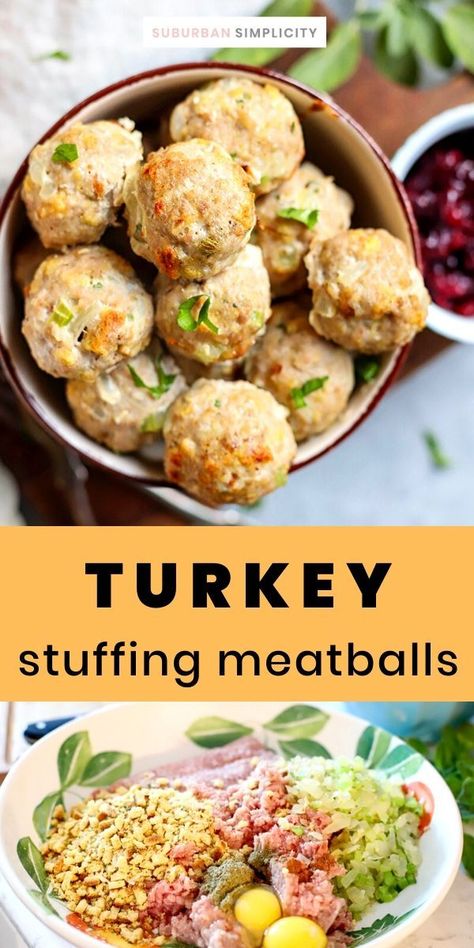 It’s Thanksgiving dinner rolled into a delicious ball! This easy baked Turkey Stuffing Meatballs recipe is a savory mouthful of turkey, stuffing, and spices in every bite that’s good year-round! Moist and delicious. #suburbansimplicity #turkeymeatballs #turkeyandstuffing #turkey #meatballs #Thanksgiving #thanksgivingrecipes #recipesforthanksgiving Mini Turkey And Stuffing Cups, Turkey Meatballs With Stove Top Stuffing, Stuffing Turkey Balls, Meatballs Using Stove Top Stuffing, Turkey Meatballs Thanksgiving, Chicken Stuffing Balls, Turkey And Stuffing Balls, Turkey Stuffed Meatballs, Stuffing Meatballs Stovetop