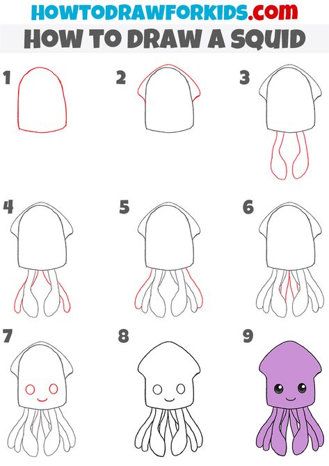 How to Draw a Squid - Easy Drawing Tutorial For Kids Easy Squid Drawing, How To Draw A Squid, Squid Drawing Cute, Squid Drawing, Draw Cartoons, Draw Tutorial, Sea Drawing, Easy Flower Drawings, Animation Ideas