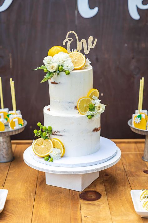 Two Tier Lemon Wedding Cake, Lemon Tiered Cake, Lemon Theme Cake, Lemon Orange Cake, Lemon Themed Cake, Lemon Naked Cake, Painted Oranges, Lemon Birthday Cakes, Lemon Wedding Cakes