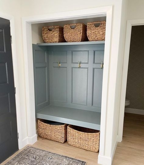 Entryway Closet Into Mudroom, Diy Closet Into Mudroom, Entry Closet No Doors, Open Entry Closet Ideas, Open Coat Closet Entryway, Closet Converted To Mudroom, Mini Mudroom Entryway, Benjamin Moore Templeton Gray, Convert Closet To Mudroom