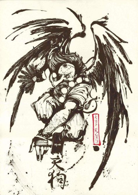 Tengu (天狗, "heavenly dog") are a type of legendary creature found in Japanese folk religion and are also considered a type of Shinto god (kami) or yōkai (supernatural beings)... Tengu Drawing, Japanese Tengu Tattoo, Shinto Tattoo, Tengu Character Design, Tengu Art, Yokai Art, Japan Sketch, Tengu Tattoo, Japanese Demon Tattoo