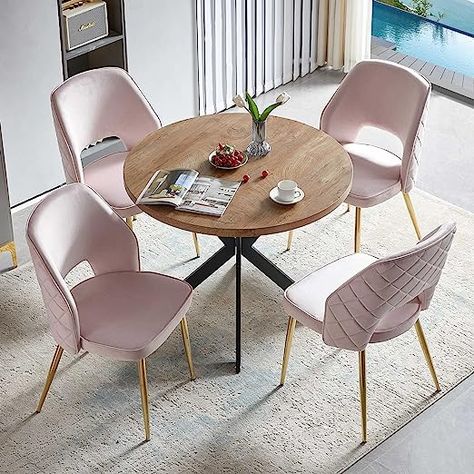 NORDICANA 5-Pieces 37-Inch Dining Table Set for 4 - Space Saving Round Table and Chairs with 4 Seaters Velvet Upholstered Chairs for Kitchen, Apartment (Light Pink) Chairs For Kitchen, Round Table And Chairs, Florida Decor, Kitchen Apartment, Round Dining Table Sets, Comfortable Dining Chairs, Dining Table Set, Kitchen Inspo, Small Dining