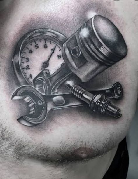 Car Mechanic Tattoo, Car Related Tattoos For Men, 1982 Tattoo, Bikers Tattoo, Father Son Tattoo, Collage Tattoo, Corner Loft, Mechanic Tattoo, Biker Tattoos