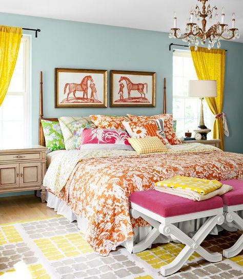 16 Cheerful Bedroom Designs With Colorful Details Colorful Bedroom Design, Bohemian Bedroom Design, Daughter Bedroom, Equestrian Decor, Bedding Ideas, Cottage Interior, Blue Rooms, Guest Bed, Beach Condo