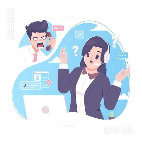 Customer service with angry caller illus... | Premium Vector #Freepik #vector #illustrations #business-cartoon #cartoon-design #business-illustration Business Cartoon Characters, Customer Service Illustration, Customer Illustration, Happy Customer Service, Service Illustration, Illustration Meaning, Shutterstock Design, Office Illustration, Angry Customer