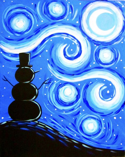 snowman swirls Starry Night Winter, Summer Paintings, Winter Art Lesson, Snow Night, Christmas Art Projects, Christmas Canvas Art, Winter Art Projects, Paint Rocks, Christmas Paintings On Canvas