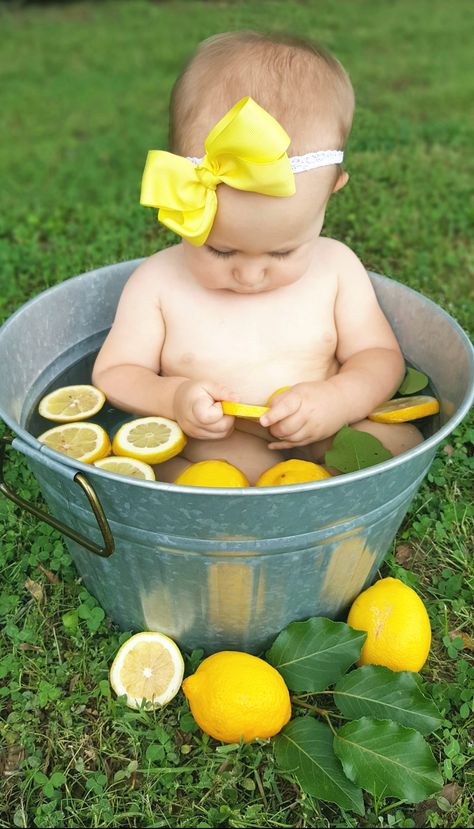 Lemon Baby One Year Portrait Photo shoot Lemon First Birthday Outfit, Fruit First Birthday Photoshoot, Lemon First Birthday Photos, Summer Infant Photoshoot, Lemon One Year Birthday, Baby Lemon Photo Shoot, Lemon Baby Photoshoot, Baby Watermelon Photo Shoot, June Baby Photoshoot