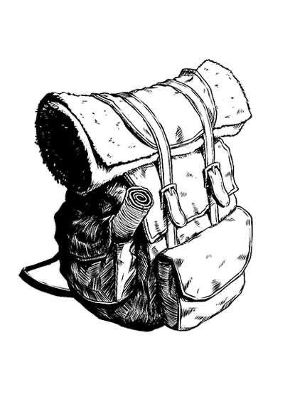 Adventurers Backpack, Backpack Drawing, Backpack Art, Black And White Line Art, Dungeons And Dragons Art, White Line Art, Pen Sketch, Stock Art, White Line