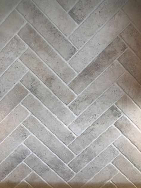 Concrete Herringbone Tile, Master Bath Brick Floor, Herringbone Brick Floor Bathroom, Limestone Floor Tiles Bathroom, Brick Bathroom Flooring, Brick Tile Floor Bathroom, Stone Floors Bathroom, Herringbone Limestone Floor, Brick Tile Bathroom Floor