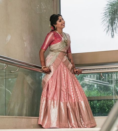 Our bride wore our pastel pattu half saree paired with an antique silver embroidered blouse. A muted silver bugle bead belt finished the… Pattu Half Saree, Farewell Dress, Bead Belt, Farewell Dresses, Lehenga Saree Design, Simple Lehenga, Half Saree Lehenga, Simple Style Outfits, Saree Blouse Neck Designs