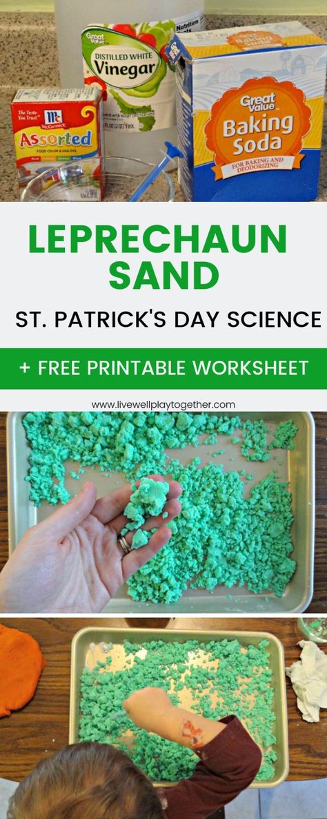 Your classic baking soda and vinegar science experiment for kids with a St. Patrick's Day twist! Leprechaun sand is the perfect St. Patrick's Day science experiment for preschoolers and elementary kids! It's also a great science experiment you can do at home with supplies from your pantry! Plus - a free printable worksheet to review some of the concepts from the experiment and help with discussion for kids! #preschoolscience #stpatricksday #stpatricksdaycrafts #stpatricksdayactivities #stpatrick St Patricks Day Learning Preschool, St Patrick’s Day Science, Baking Soda Experiments, Science Experiments Kids Elementary, Science Experiment For Kids, Experiment For Kids, St Patricks Day Crafts For Kids, Science Experiments For Preschoolers, March Activities