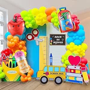 School Balloon Garland, Back To School Balloon Garland, Kindergarten Graduation Party, School Bus House, Student Images, Arabic Worksheets, Rainbow Balloons, Graduation Party Supplies, Kindergarten Graduation