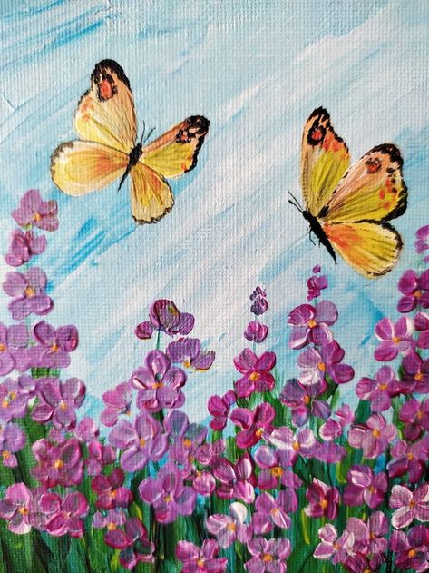 thats amazing art bring sone flowers Butterfly In Acrylic Painting, Butterfly With Flowers Painting, Mini Butterfly Painting, Butterfly On Flower Painting, Impasto Painting Easy, Butterfly And Flower Painting, Spring Canvas Painting, Flower Butterfly Painting, Acrylic Butterfly Painting