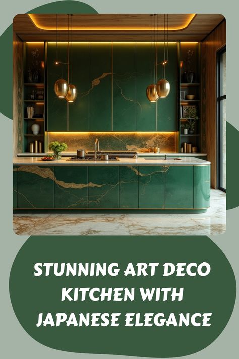 Transform your culinary space with this exquisite Art Deco kitchen that beautifully blends gold and green elements with stunning Japanese design. Discover how to incorporate these luxurious colors and patterns for a touch of sophistication and cultural flair. Perfect for those seeking inspiration in home decor! Japanese Art Deco Interior, Green And Bronze Kitchen, Art Deco Interior Kitchen, Art Deco Style Kitchen, Green And Gold Kitchen, Art Deco Kitchen Ideas, Art Deco Kitchen Design, Moroccan Style Kitchen, Modern White Kitchen Design