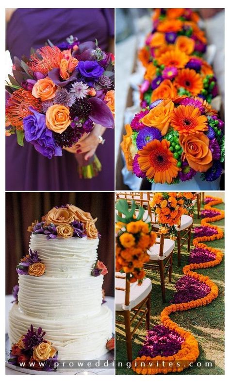 Purple Fall Wedding Ideas, Wedding Color Schemes Orange, Plum And Orange Wedding, Purple Orange Wedding, Orange And Purple Wedding, Purple And Orange Wedding, Orange Wedding Centerpieces, Orange Wedding Theme, Orange Wedding Ideas