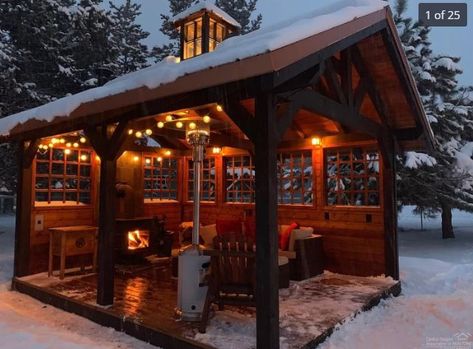 Screened In Gazebo Ideas Backyard, Winter Gazebo Ideas, Screen Gazebo Ideas Backyard, Screened Gazebo Ideas Backyard, Winter Patio Ideas Cold Weather, Fire Pit Gazebo, Winter Gazebo, Cabin Landscaping, Small House Renovation