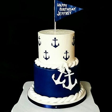 Nautical buttercream birthday cake                                                                                                                                                                                 More Nautical Birthday Cake Men, Ship Cakes Birthday, Nautical Buttercream Cake, Nautical Birthday Cakes, Nautical Cakes, Boat Cake, Buttercream Birthday Cake, Nautical Cake, Nautical Birthday