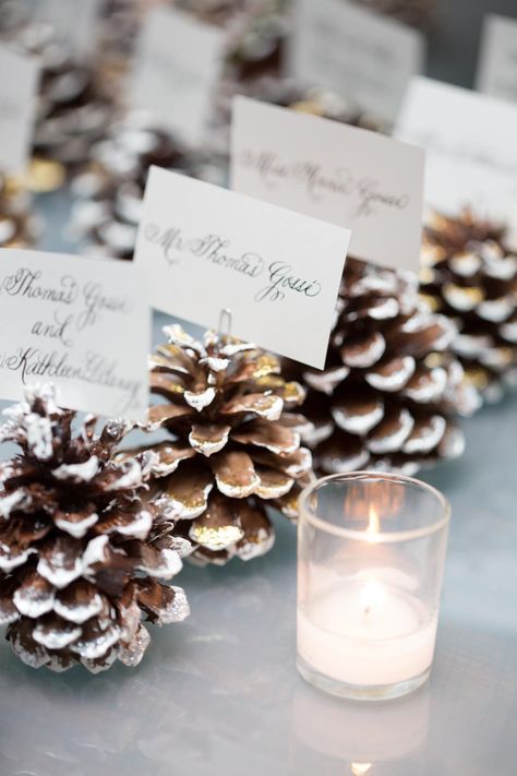 Pinecone Name Holder, Classic Modern Wedding, Christmas Wedding Table, January Wedding, Wedding Name Cards, December Wedding, Wedding Place Settings, Inexpensive Wedding Venues, Winter Wonderland Wedding