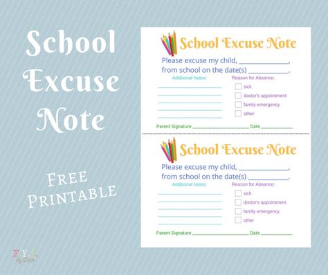 School Excuse Note - Free Printable • FYI by Tina Excuse Note For School, School Excuse Notes, Absent From School, Classroom Snacks, Printable School, School Prep, Student Numbers, Back To School Organization, School Template