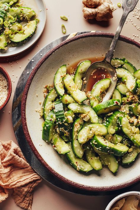 Gingery Smashed Cucumber Salad (Asian-Inspired) Cucumber Sesame Salad, Smashed Cucumber Salad, Minimalist Baker, Salmon Sushi, Vinegar Dressing, Salmon And Rice, Chili Garlic Sauce, Cucumber Recipes, Quinoa Salad