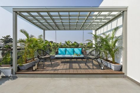 Modern House Strikes A Balance Between Solidity And Transparency | TRAANSPACE - The Architects Diary Metal Gazebo, Window Seat Design, Terrace Floor, Dream Frame, Attic Bedroom Designs, Box House, Rooftop Terrace Design, Box Houses, Terrace Design