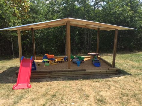 Outside Truck Play Area, Carport Play Area, Temporary Sand Pit, Shaded Outdoor Play Area Kids, Simple Outdoor Play Area, Rock Pit Play Area, Rock Pit For Kids, Kids Dirt Play Area, Gravel Pit For Kids