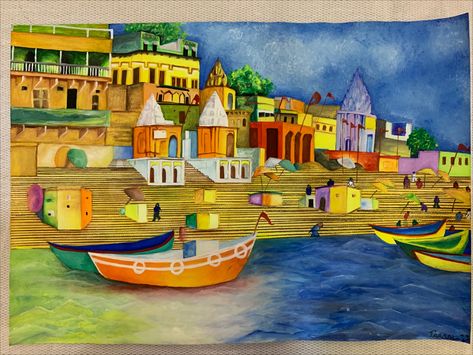 Save Ganga River Poster Drawing, Ganga Painting, River Drawing, Dev Diwali, Ganga River, Narmada River, River Side, River Painting, Human Figures