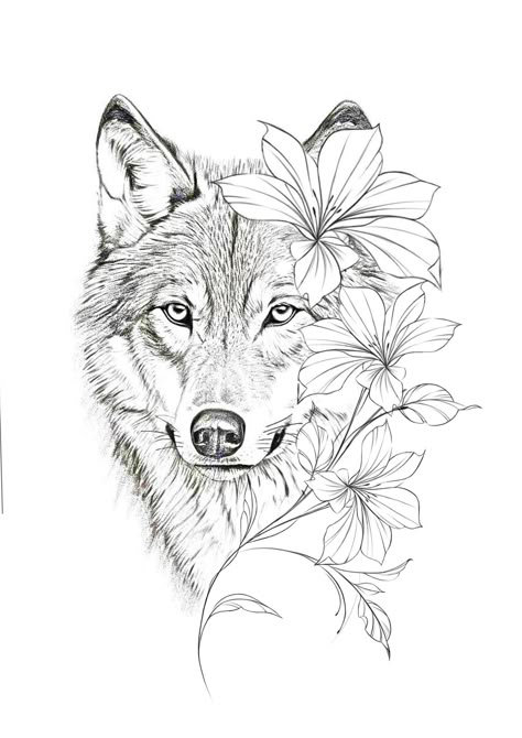 Wolf With Flowers Drawing, Wolf Flower Tattoo Design, Mandala Wolf Tattoo, Feminine Wolf Tattoo Design, Wolf Stencil, Mandala Wolf, Jack Tattoo, Clip Art Animals, Comic Tattoo