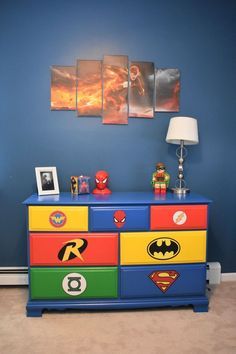 Mama of Both Worlds - DIY Superhero Room Redux on a Budget Superhero Room Diy, Superhero Dresser, Marvel Bedroom, Diy Superhero, Marvel Room, Zimmer Diy, Superhero Bedroom, Diy Dresser Makeover, Superhero Room