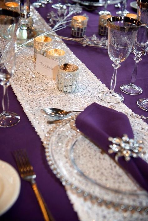 Purple And Silver Table Decorations, Purple And Silver Table Setting, Purple Christmas Wedding, 50th Birthday Celebration Ideas, Purple Table Settings, Beaded Charger Plates, Table Setting Etiquette, Purple And Silver Wedding, Tea Party Table