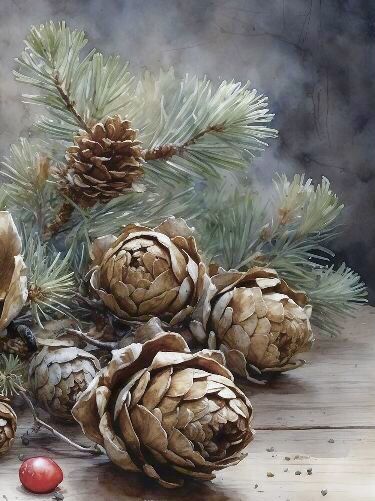 Pinecone Watercolor, Winter Still Life, Painting Winter, Christmas Arts And Crafts, Planner Art, Country Christmas Decorations, Winter Painting, Landscape Art Painting, Fall Watercolor