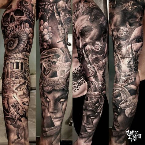 Sleeve Tattoos Mythology, Greek Tattoo Sleeves, Greek Mythology Tattoos Leg Sleeve Ideas, Greek Mythology Leg Sleeve Men, Men’s Greek Tattoo Sleeve, Leg Sleeve Design Tattoo, Mens Hamstring Tattoo, Greek Gods Leg Sleeve Tattoo, Greek Mythology Sleeve Tattoo Men