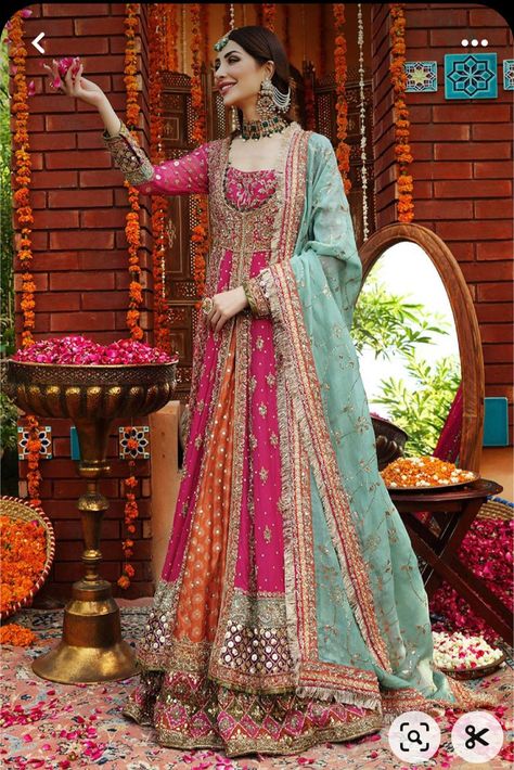 Mehndi Bridal Frocks, Colorful Mehendi Outfits, Haris Shakeel Mehndi Dresses, Colourful Pakistani Dresses, Pakistani Mehndi Outfit For Bride, Colorful Mehndi Outfit, Mendi Outfits Pakistani, Mendi Outfits For Bride, Bridal Dress For Mehendi Function