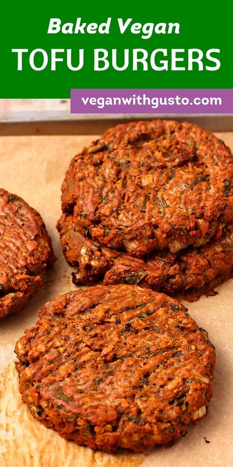 This easy-baked tofu burgers recipe is brimming with s[icy and savory flavor. With the combination of tofu and chickpea flour and prepared without oil, these delicious patties pack a nutritional and protein punch sure to put a smile on everyone’s face. Vegan Tofu Burger, Vegan Hamburger Patties, Tofu Patties Recipes, Vegan Burgers Recipes Plant Based, Tofu Burgers Patties, Vegan Fakeaway Recipes, Tvp Burger Recipe, Tofu Burger Recipe, Baked Tofu Recipes