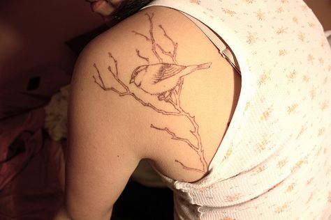 bird & branch Brown Ink Tattoo On Light Skin, Brown Ink Tattoos, Bird Outline Tattoo, Brown Ink Tattoo, Chickadee Tattoo, Brown Tattoo Ink, Brown Tattoo, Browning Tattoo, Tattoo Bird