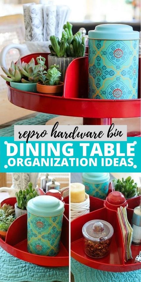 Use a rotating repro hardware bin to organize your dining table. Dining Table Organization Ideas, Kitchen Table Organization, Dining Table Organization, Table Organization Ideas, Table Caddy, Table Organization, Moms Kitchen, Homemaking Tips, Household Cleaning Tips