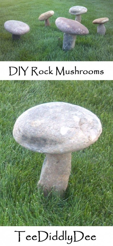 DIY Rock Mushrooms for the Garden - Flower Beds, Outdoor, Yard, Natural Rock Mushrooms, Outdoor Flower Beds, Diy Rock Garden, Funny Vine, Garden Rock Art, Garden Mushrooms, Garden Flower Beds, Rock Sculpture, Rock Garden Design